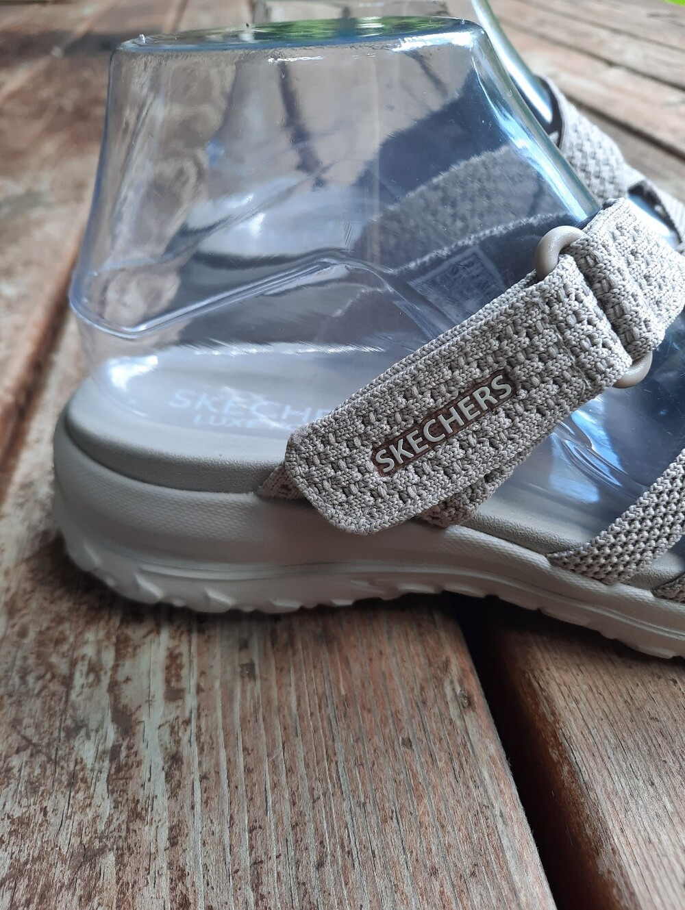 Skechers Luxe Foam Strappy Criss-cross Slide Sandals Taupe Comfort Sole Size 8 - Picture 5 of 15